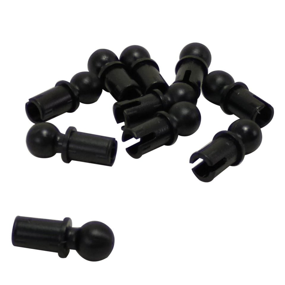 Black LEGO® Technic Pin with Friction Ridges and Tow Ball 6628a, showing multiple connectors with round pin holes