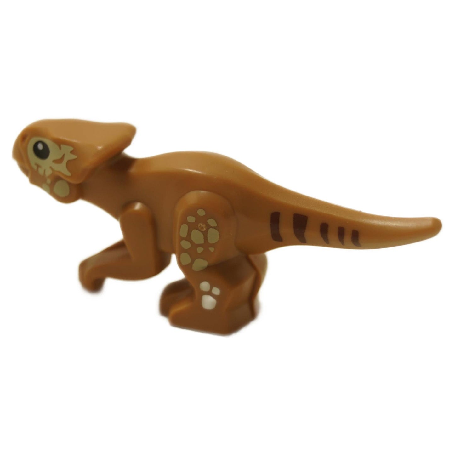 Vista trasera de la figura LEGO® Baby Dolores Aquilops mostrando la cola a rayas y las impresiones de las patas