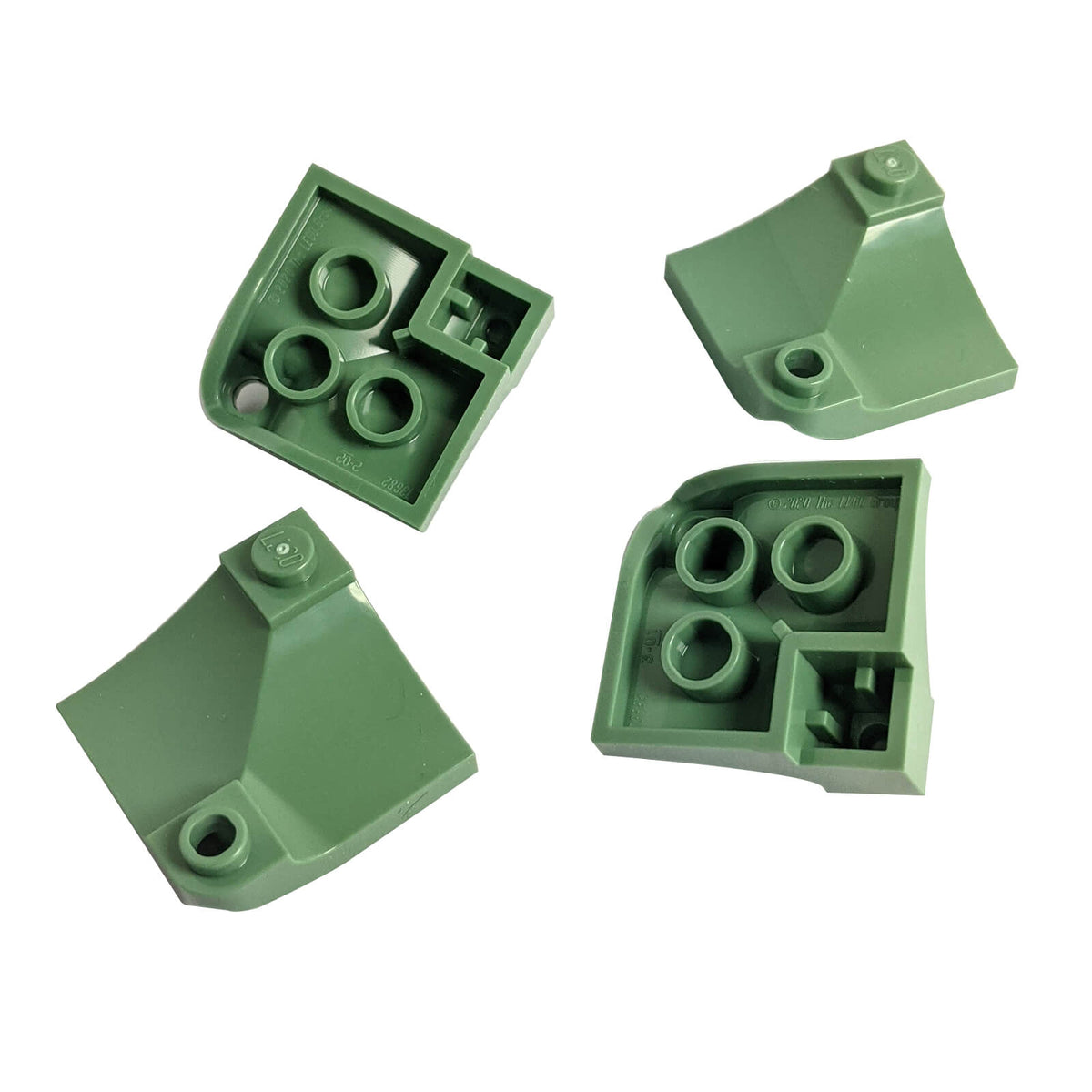LEGO® 73682 sand green Curved 3 x 3 Double Slope shown from multiple top and underside angles