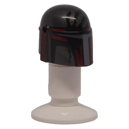 LEGO® 87610pb29 Mandalorian helmet front view with dark red and dark silver visor and handprint pattern
