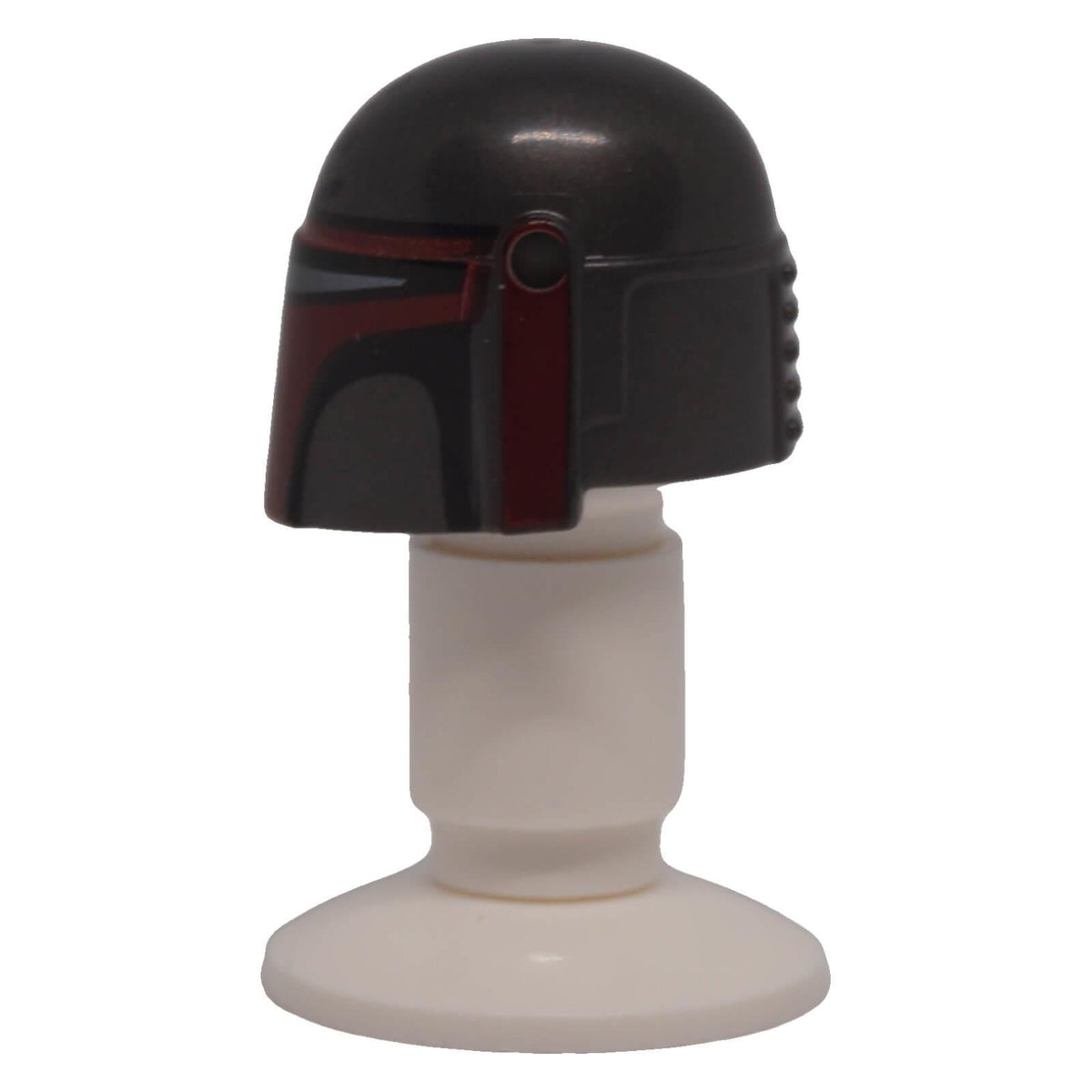 LEGO® 87610pb29 Mandalorian helmet left side view with dark red and dark silver printed detailing