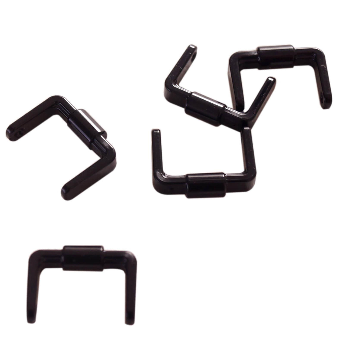 Black LEGO 95344 minifigure bucket handle or scooter stand pieces showing the U-shaped design and central cylindrical section