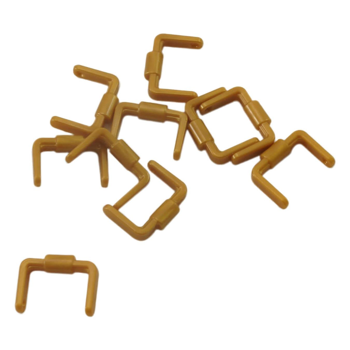 Pearl Gold LEGO 95344 bucket handle or scooter stand pieces arranged together on a white background
