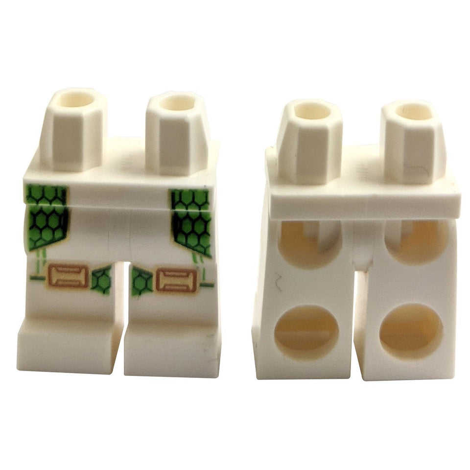 White LEGO legs 970c00pb1100 with bright green scales and gold knee pads.