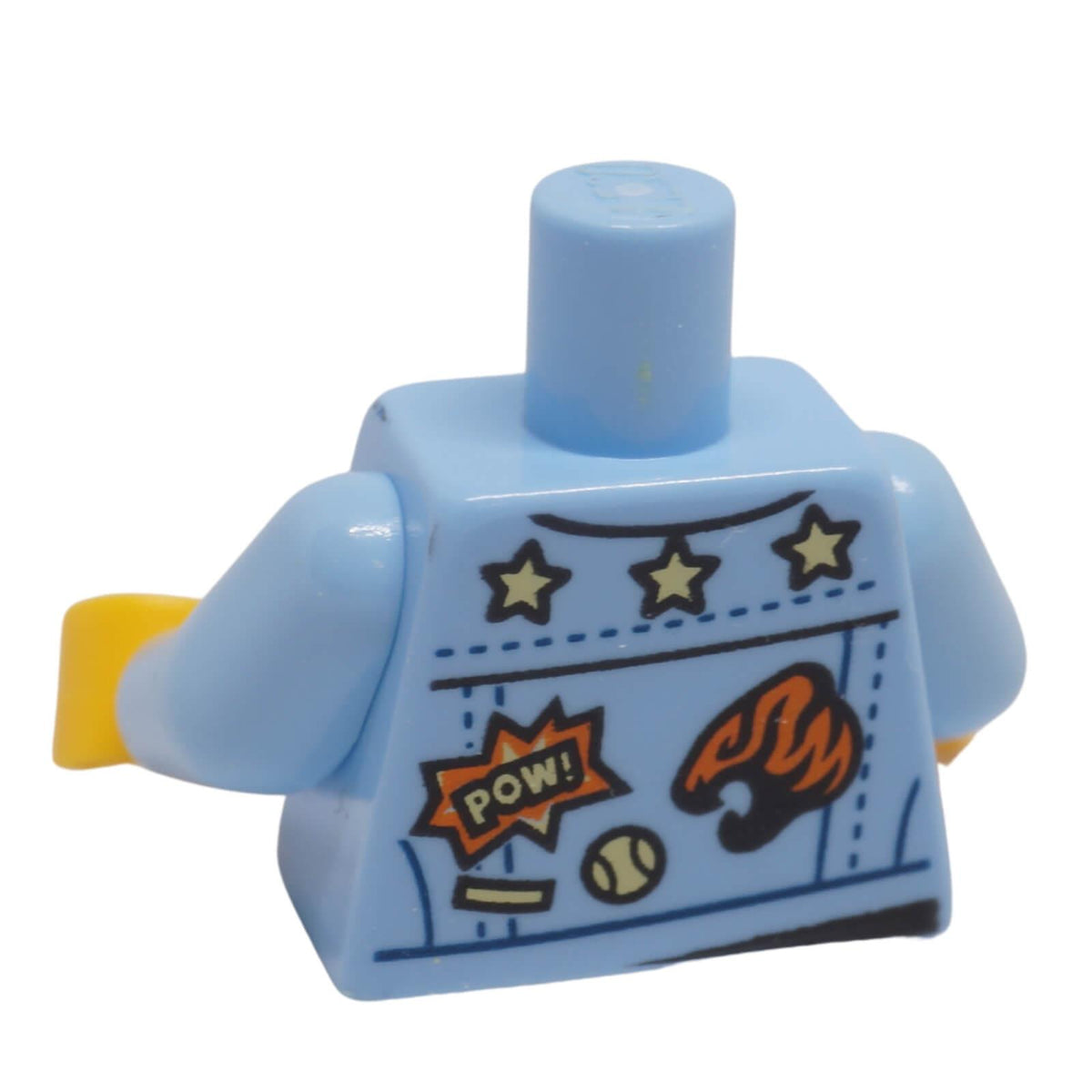 LEGO® denim jacket torso 973pb3668c01 back with POW! badge, stars and graphic patches