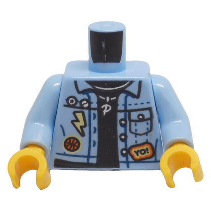 LEGO® denim jacket torso 973pb3668c01 front with YO! badge, lightning bolt and P pendant