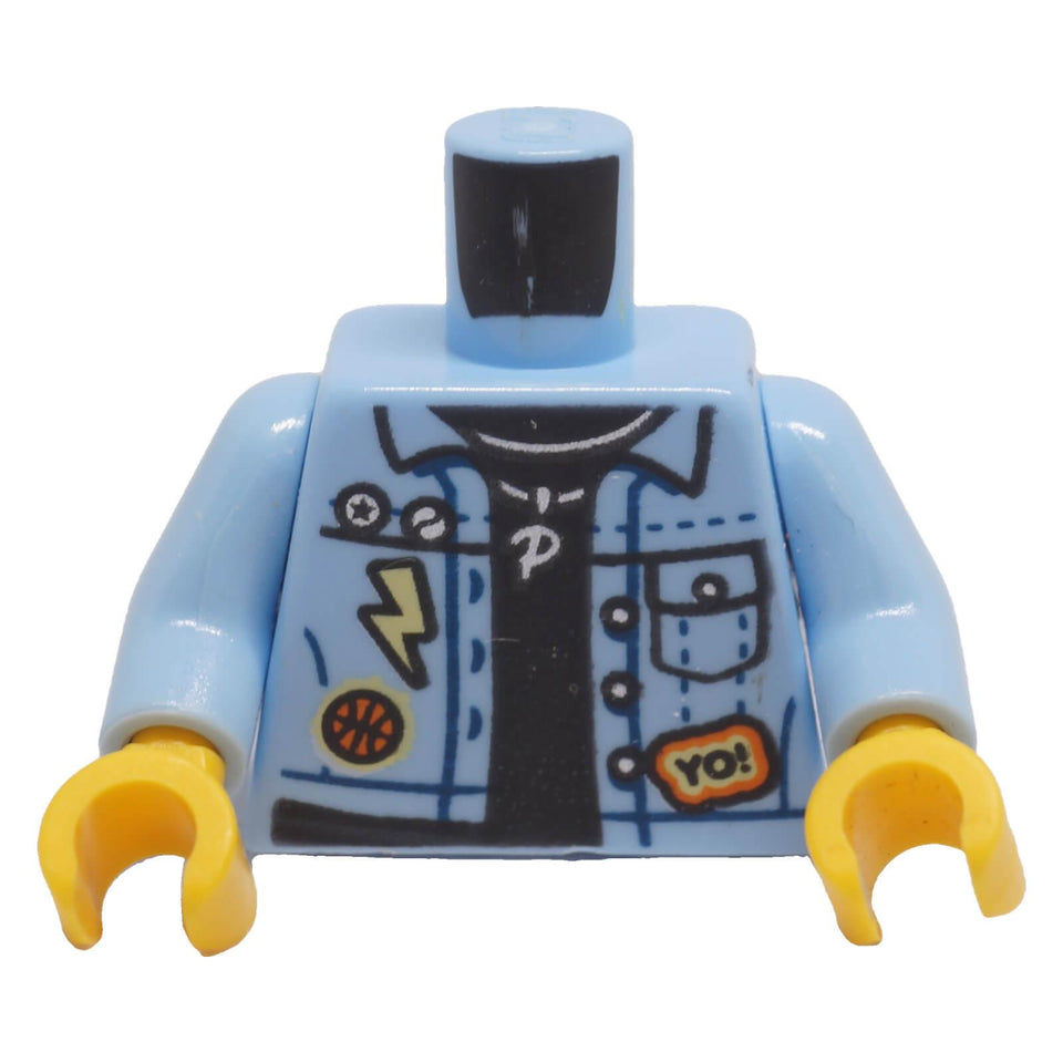LEGO® denim jacket torso 973pb3668c01 front with YO! badge, lightning bolt and P pendant