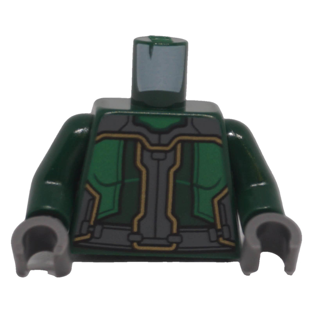 LEGO® dark green armor torso 973pb4179c01 front with dark bluish gray panels and gold accents