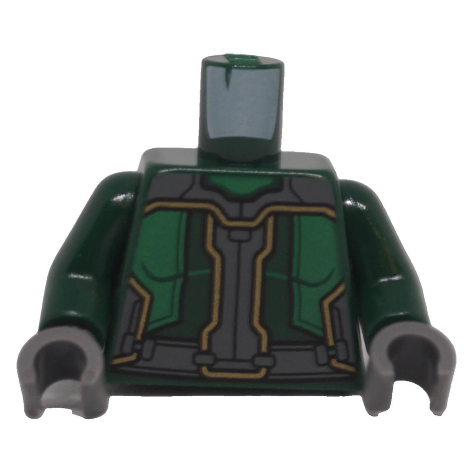 LEGO® dark green armor torso 973pb4179c01 front with dark bluish gray panels and gold accents