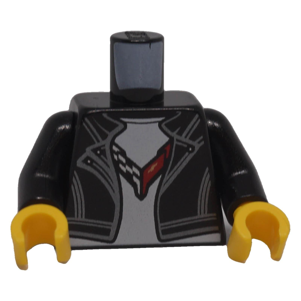 LEGO® Chevrolet black leather jacket torso 973pb4386c01 front with white shirt and yellow hands