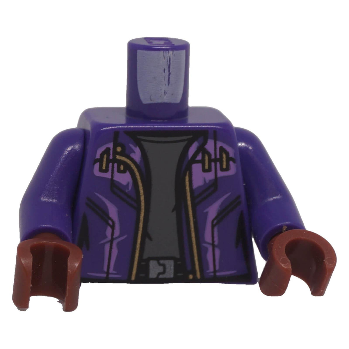 LEGO® dark purple jacket torso 973pb4418c01 front with lavender trim, gold zipper and dark bluish gray shirt