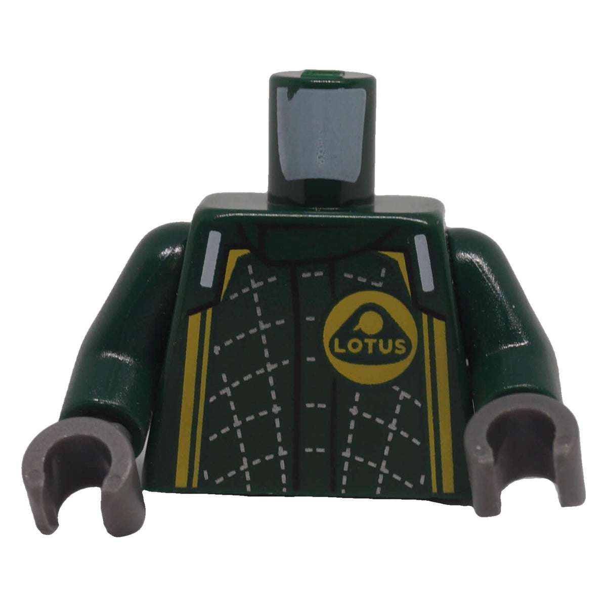 LEGO® dark green Lotus racing suit torso 973pb4663c01 front with yellow stripes and silver stitching