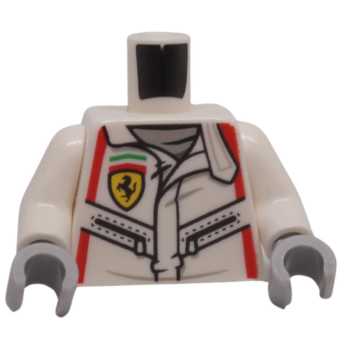 LEGO® white Ferrari racing suit torso 973pb4664c01 front with red stripes, logo and black zippers