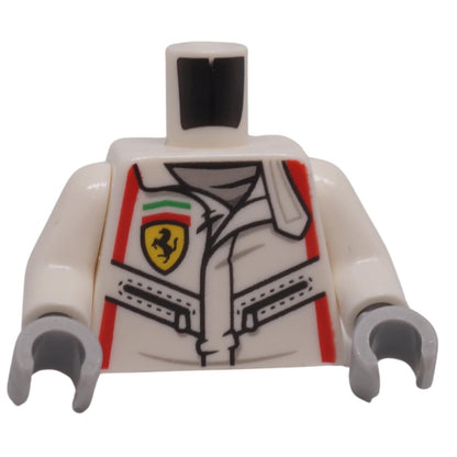 LEGO® white Ferrari racing suit torso 973pb4664c01 front with red stripes, logo and black zippers