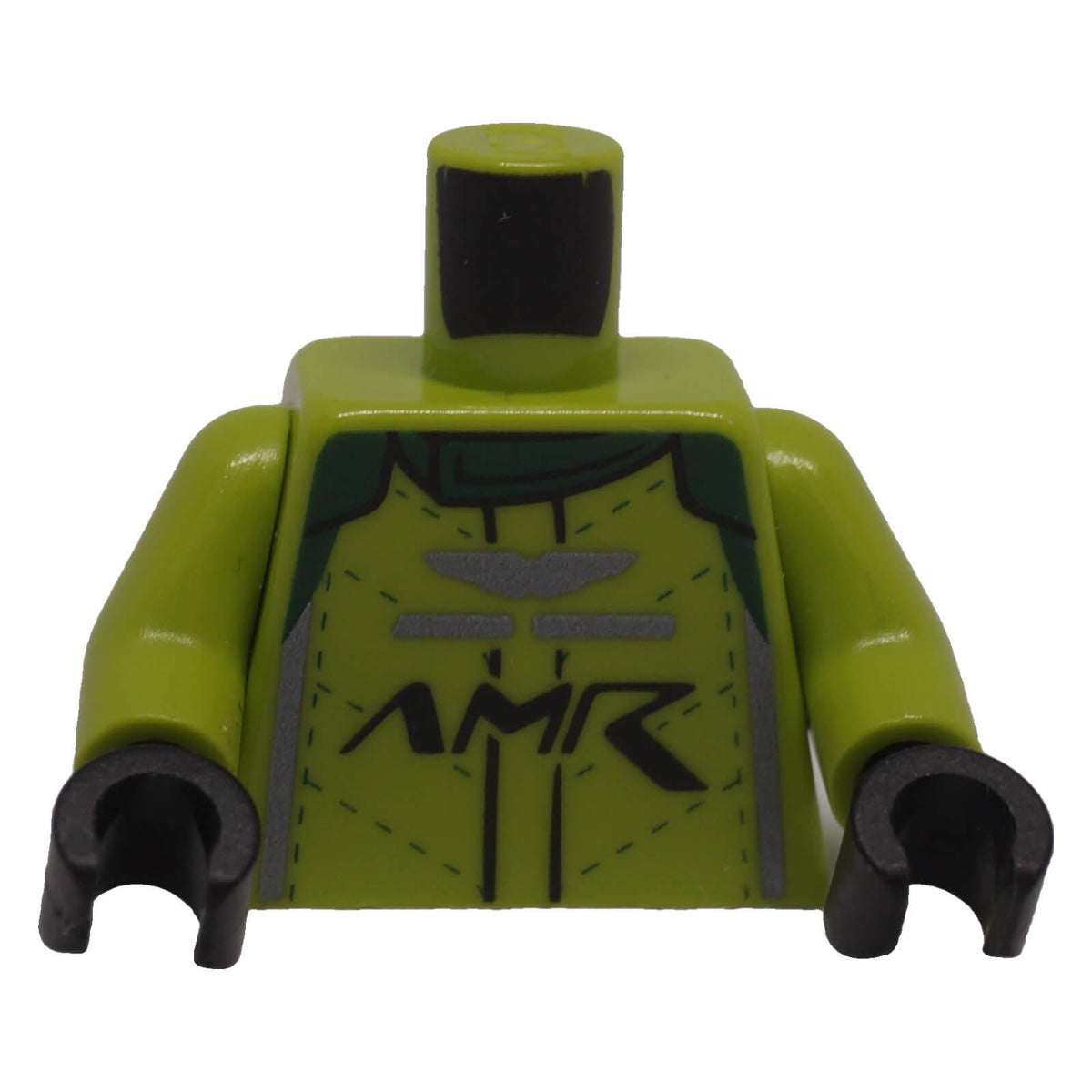 LEGO® lime Aston Martin racing suit torso 973pb4669c01 with AMR logo, silver details and dark green collar
