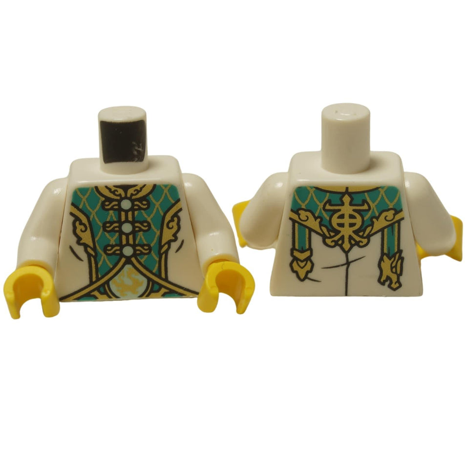 LEGO® torso 973pb4836c01 front and back with Tang jacket, gold trim, dark turquoise panels and dragon medallion pattern