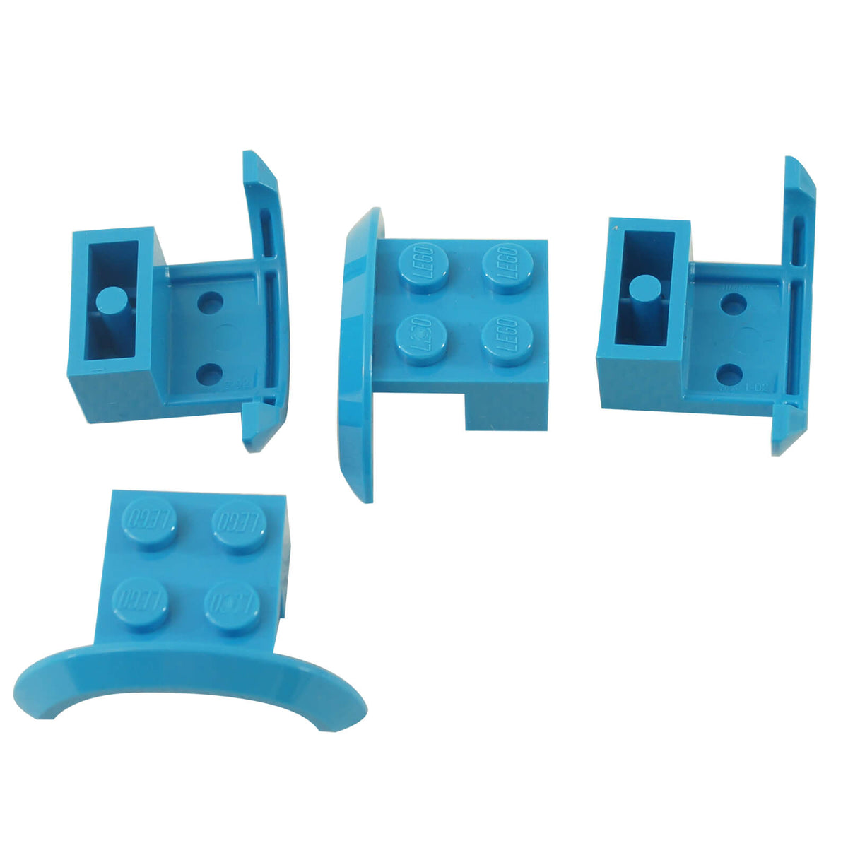 Four dark azure LEGO® Part 98282 vehicle mudguards with rounded wheel arches, shown from top, side and underside angles