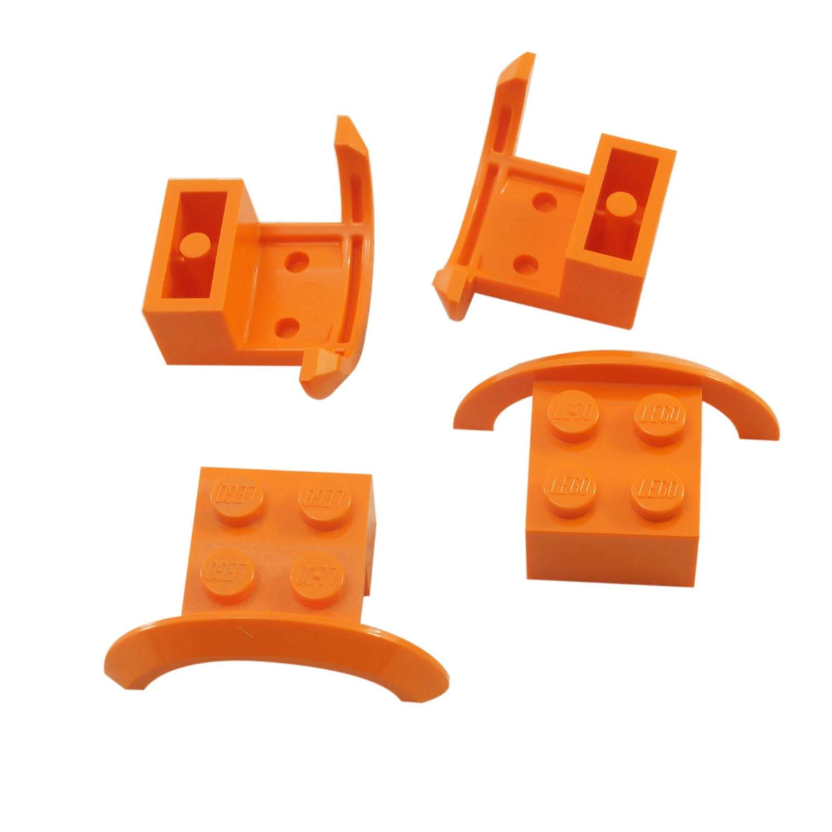 Four orange LEGO® Part 98282 vehicle mudguards with rounded wheel arches, showing front, side and underside connection details