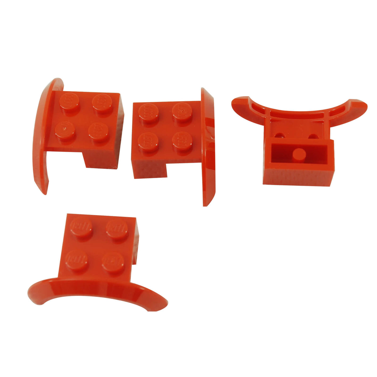 Four red LEGO® Part 98282 vehicle mudguards with smooth curved wheel arches, four top studs and underside mounting details