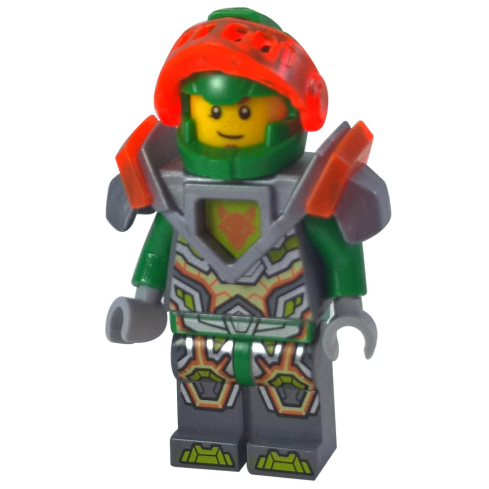 LEGO Aaron Fox minifigure nex068 with silver armor and trans neon orange visor

