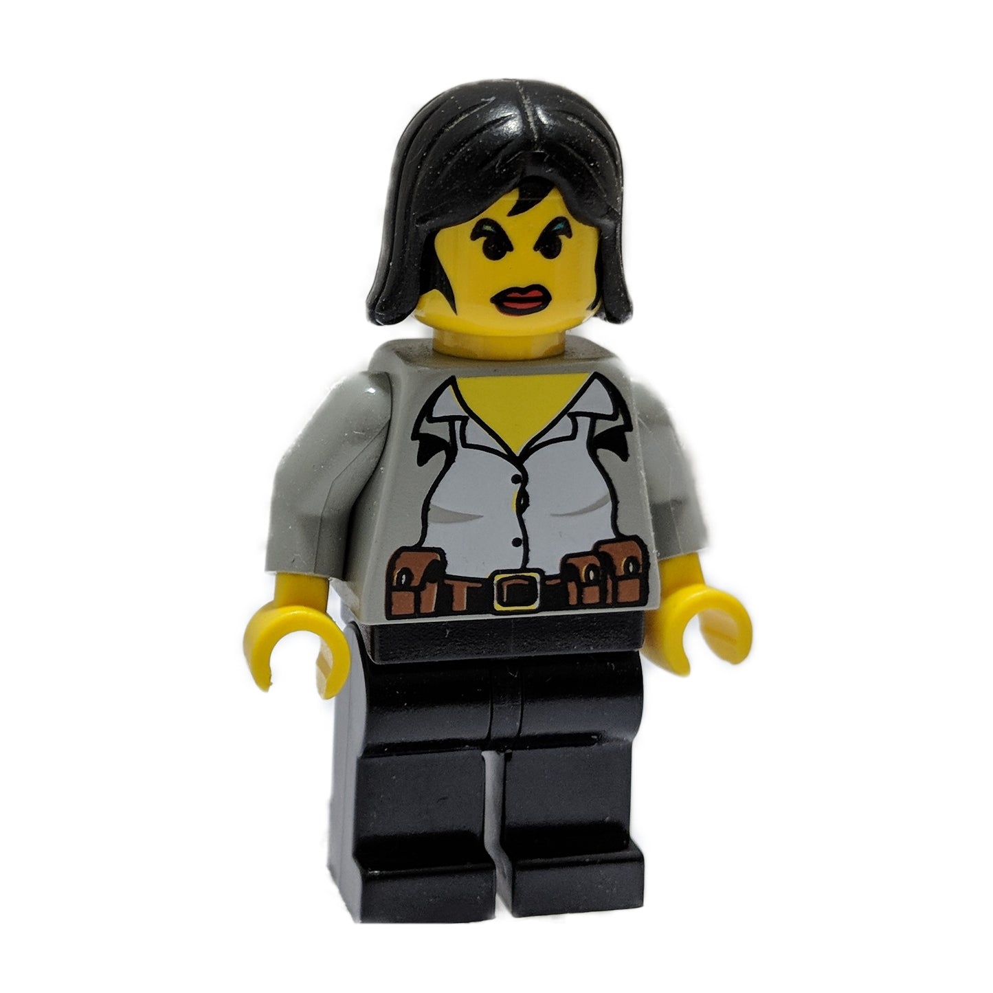 LEGO minifigure with black hair, gray shirt, and yellow pants on a white background