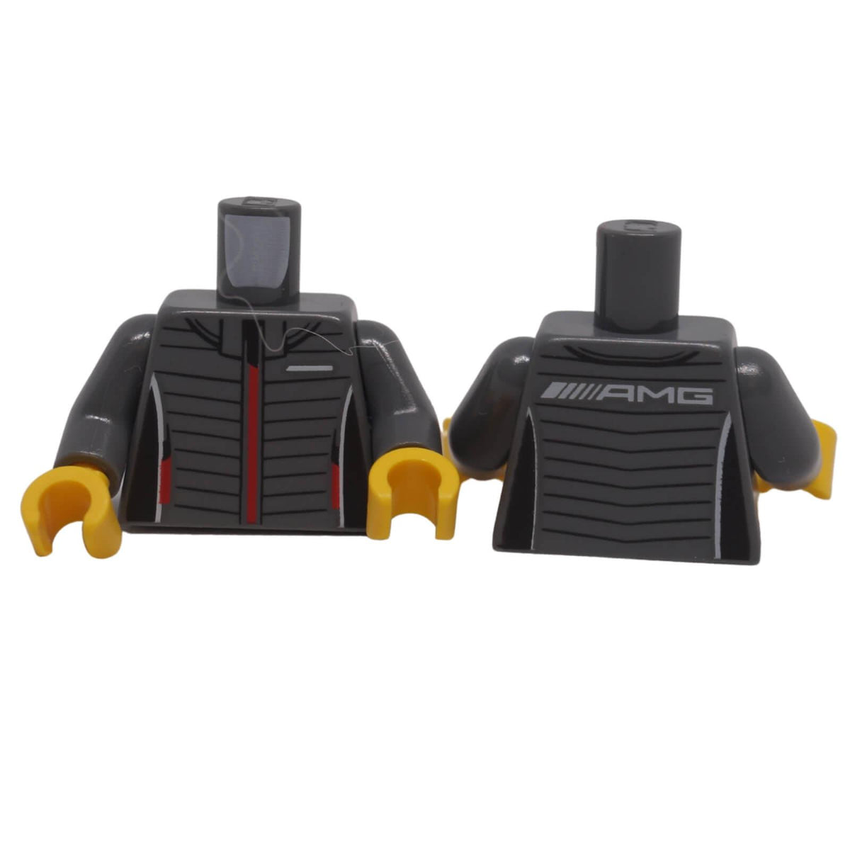 LEGO AMG racing jacket torso 973pb5757c01 in dark bluish gray with red zipper, black stripes and white AMG logo, front and back