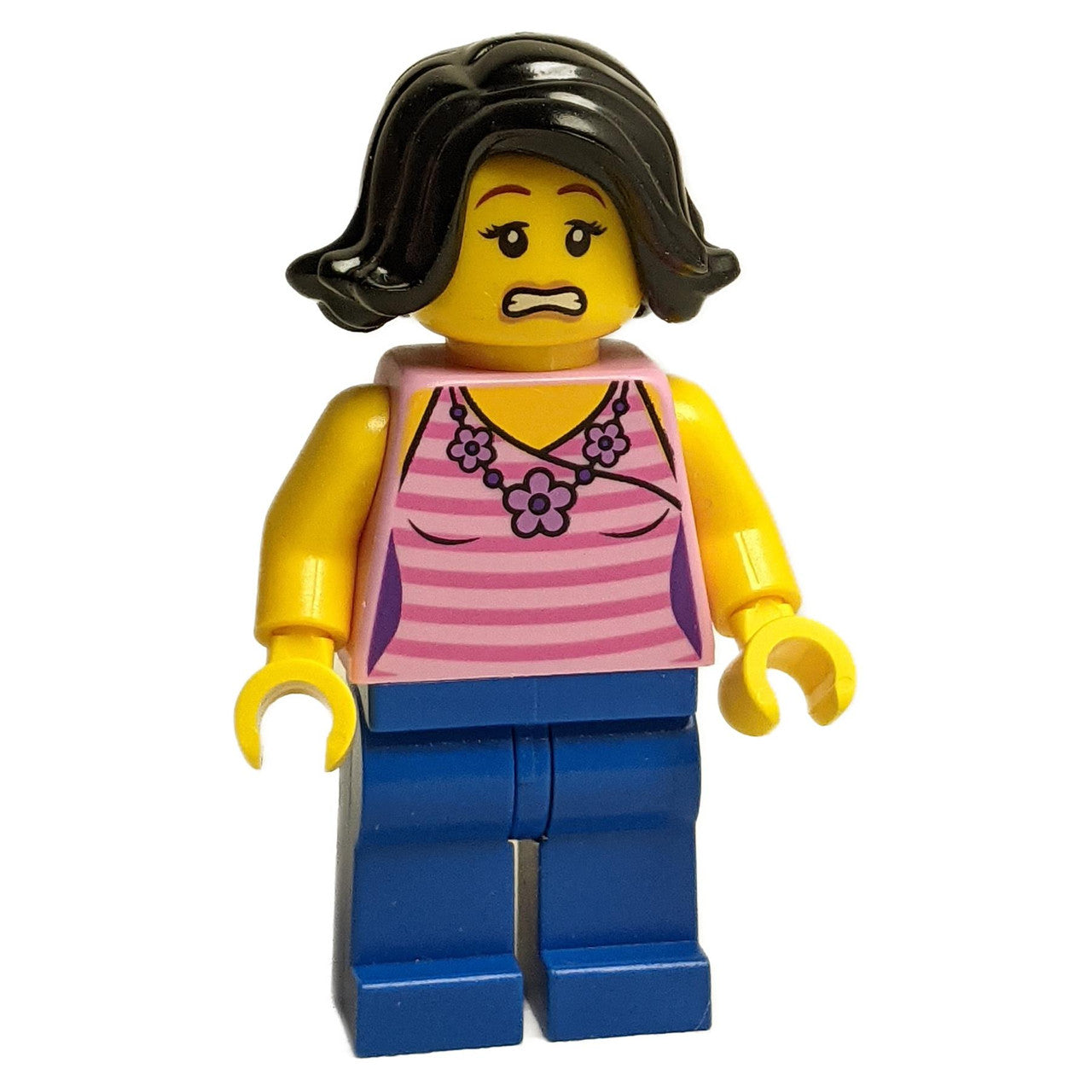 LEGO Ann minifigure mk016 pink striped top blue legs dual face, scared