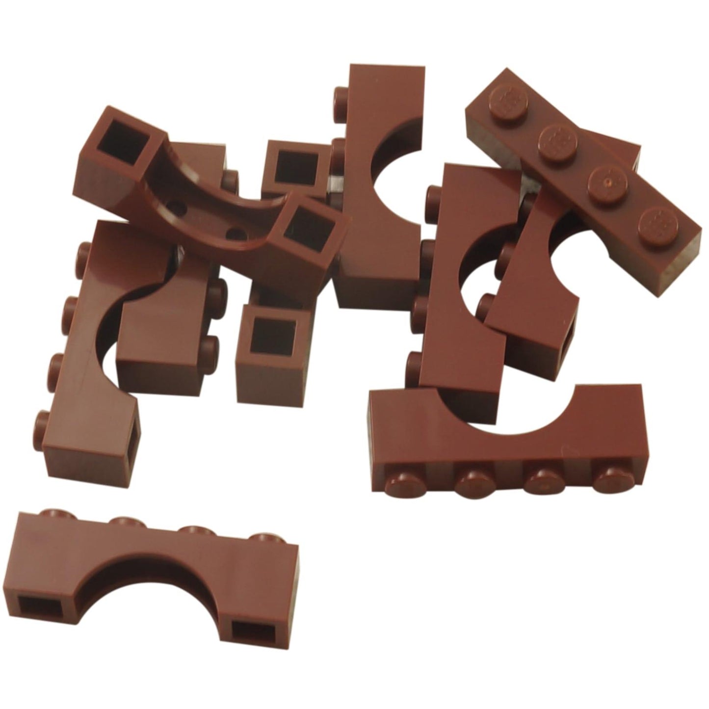 LEGO® arch brick 1 x 4 with smooth curved opening, used for doors, windows, and architectural builds, reddish brown color
