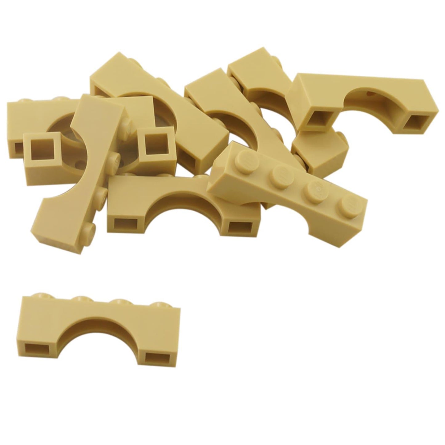LEGO® arch brick 1 x 4 with smooth curved opening, used for doors, windows, and architectural builds, tan color
