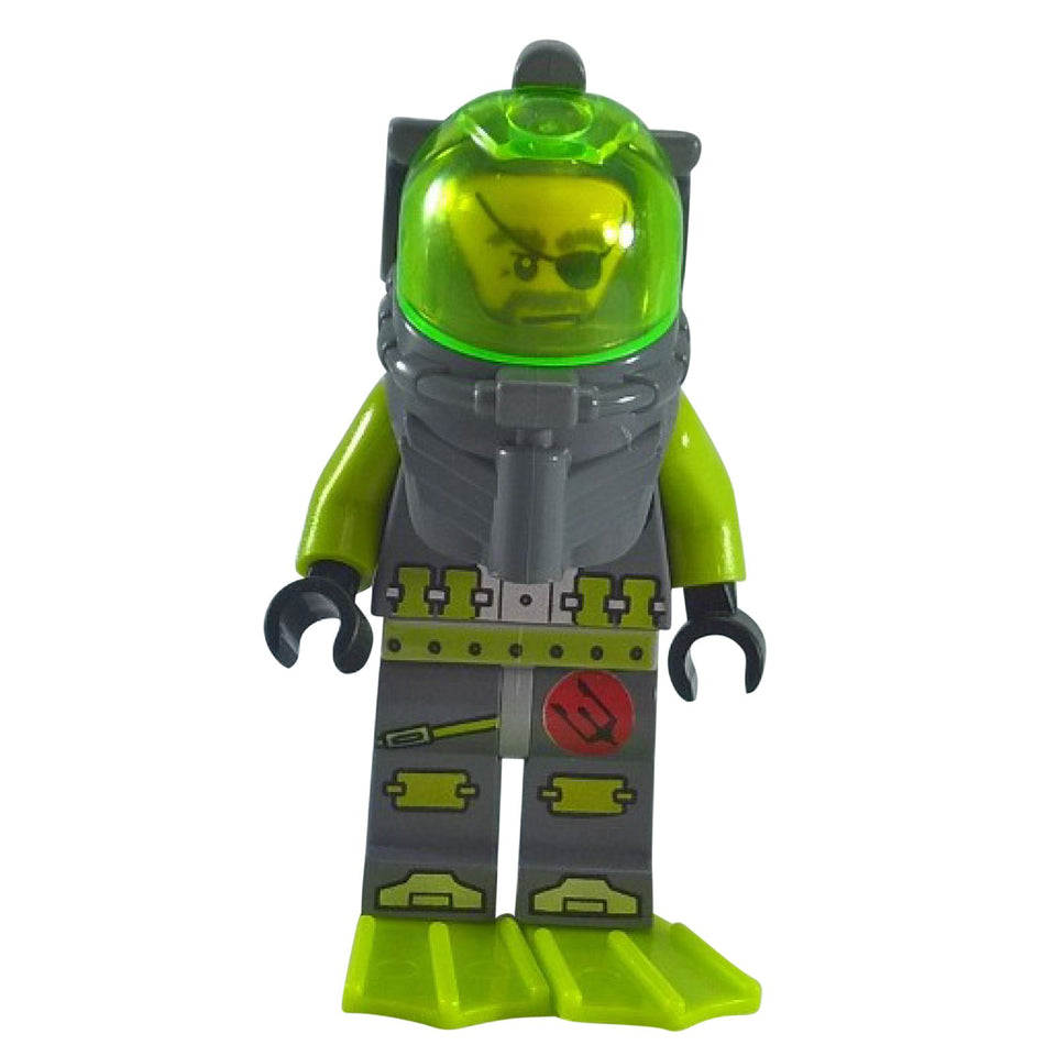 LEGO® Atlantis minifigure ATL005 Ace Speedman in lime and grey diving suit with dual-sided head and dome helmet.