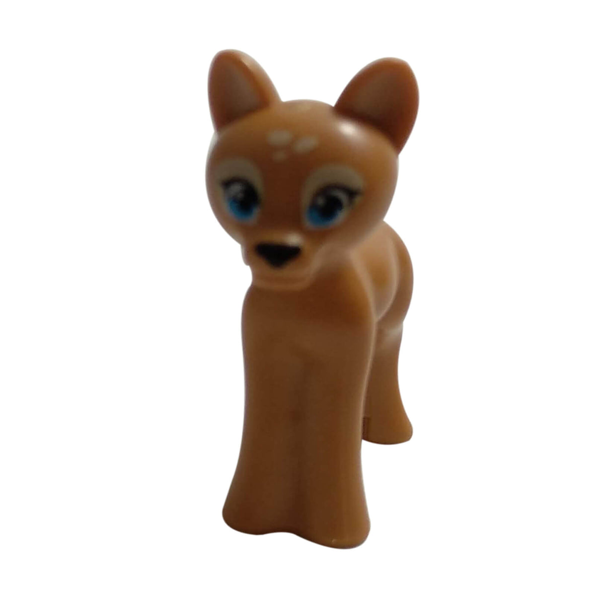 LEGO® Medium Nougat baby deer fawn 13393pb01 with Medium Azure eyes, black eyelashes and nose, and Tan spotted markings front