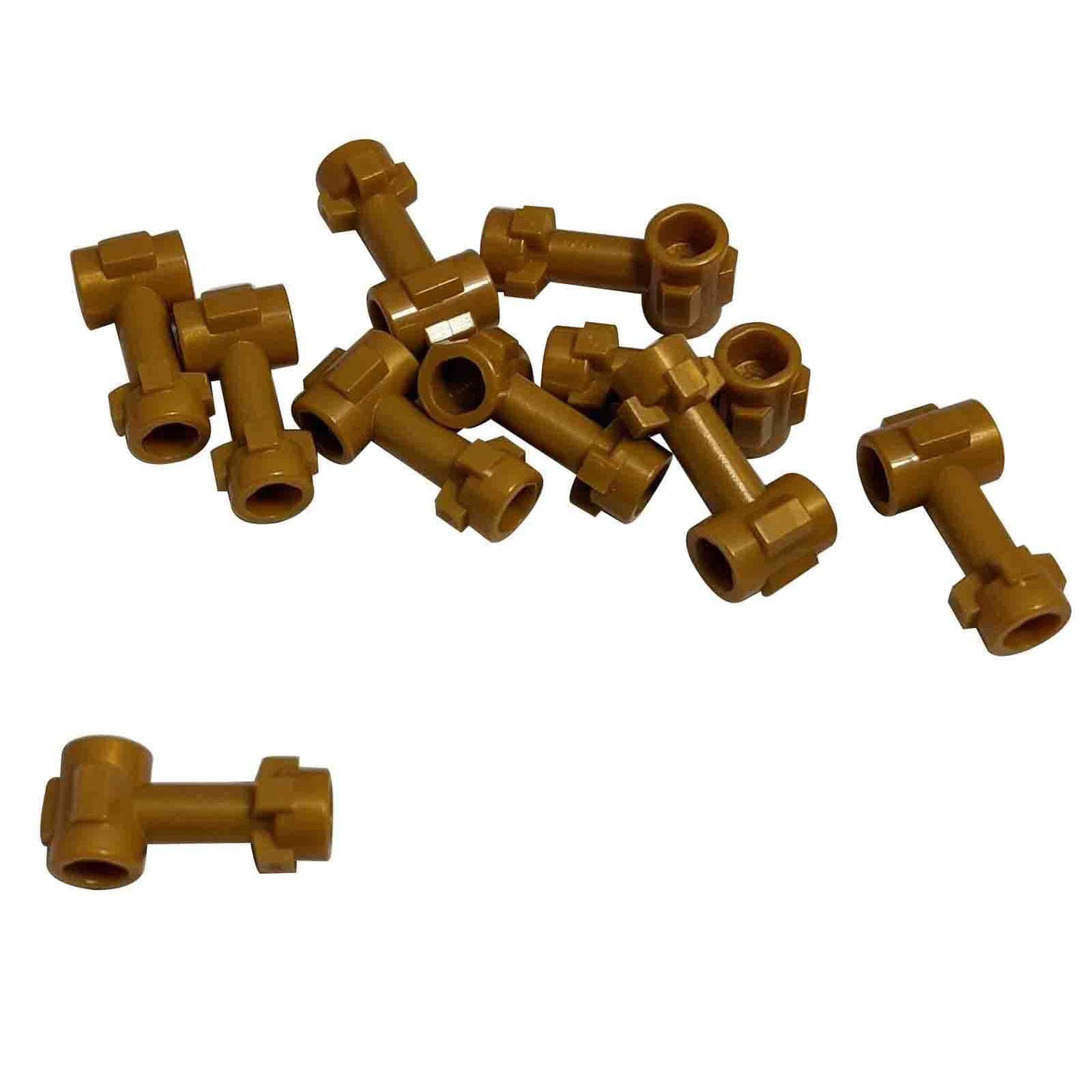 LEGO® tyčový 1L konektor s vrchním čepem a dvěma bočními čepy, kolmé spojovací prvky pro dekorativní a konstrukční stavby, perlová zlatá barva
