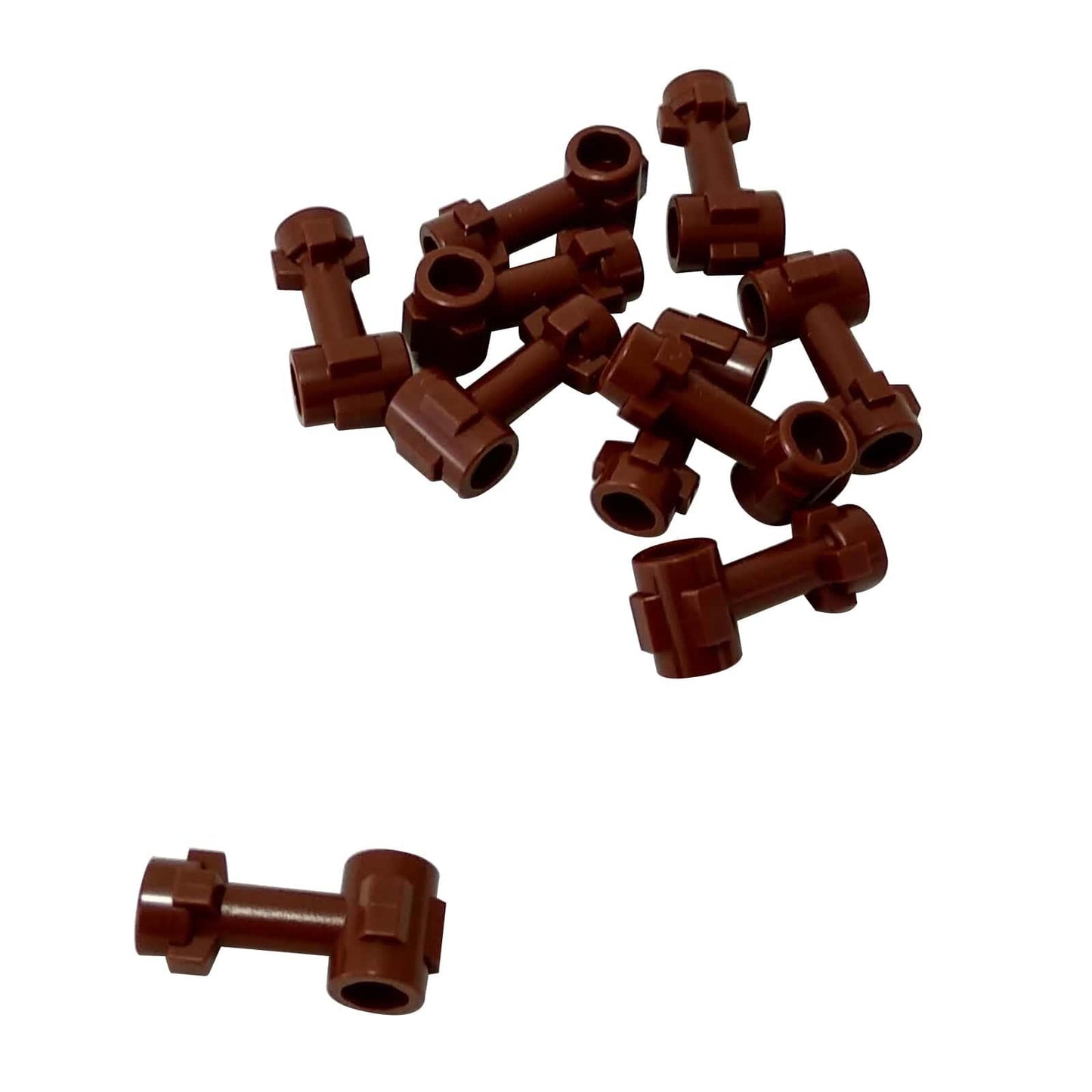 LEGO® tyčový 1L konektor s vrchním čepem a dvěma bočními čepy, kolmé spojovací prvky pro dekorativní a konstrukční stavby, červenohnědá barva
