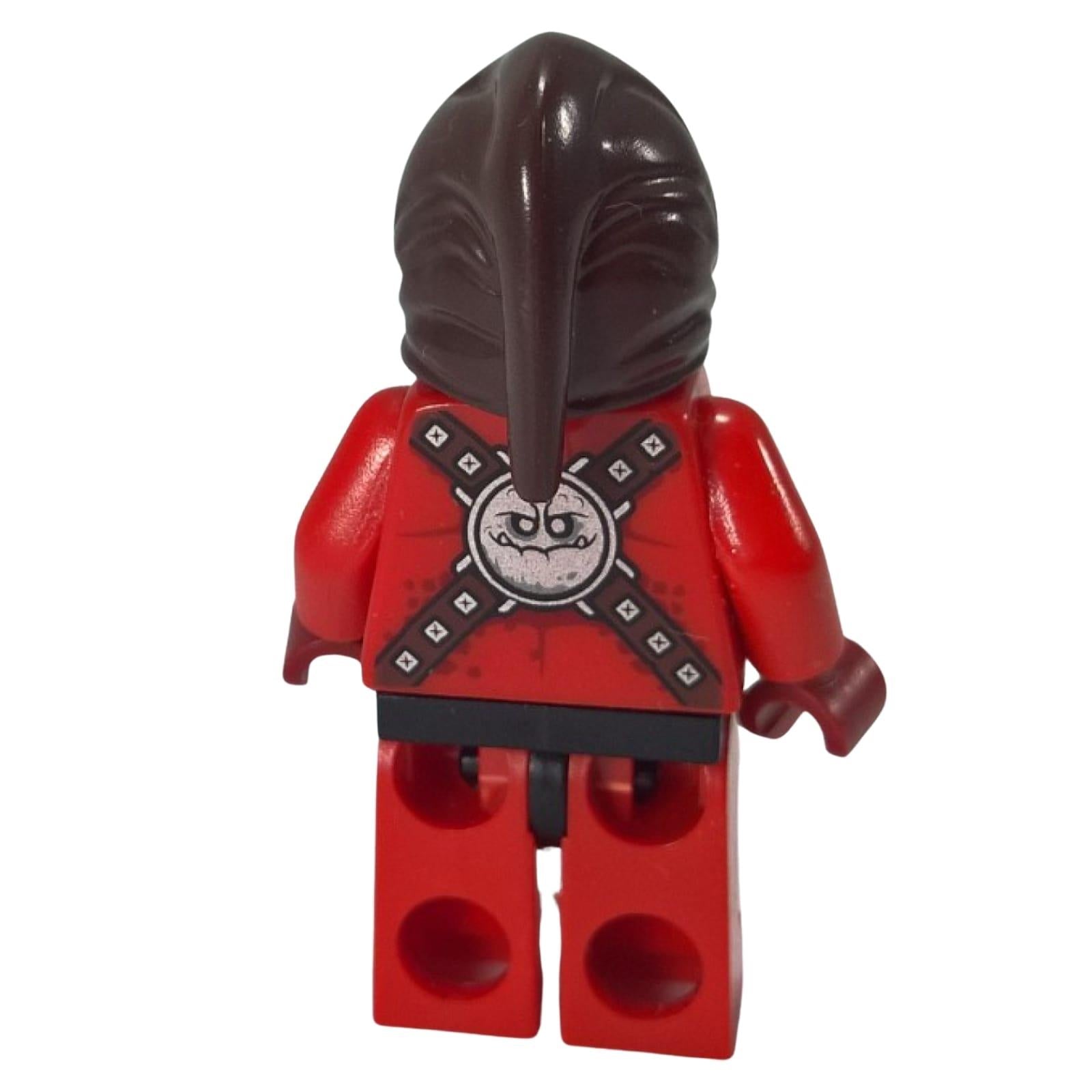 LEGO Nexo Knights Beast Master minifigure nex008 with red skin, eyepatch, and brown hood. Back profile view.