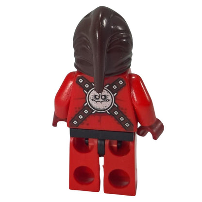 LEGO Nexo Knights Beast Master minifigure nex008 with red skin, eyepatch, and brown hood. Back profile view.