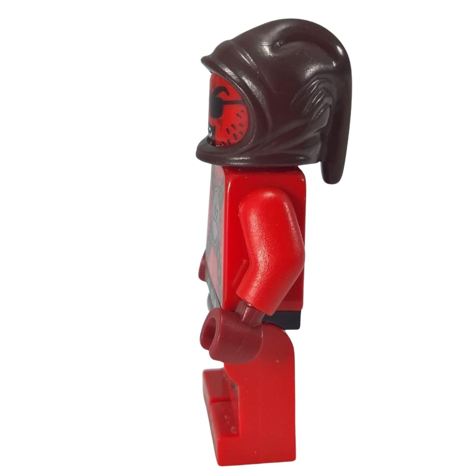 LEGO Nexo Knights Beast Master minifigure nex008 with red skin, eyepatch, and brown hood. Side profile.