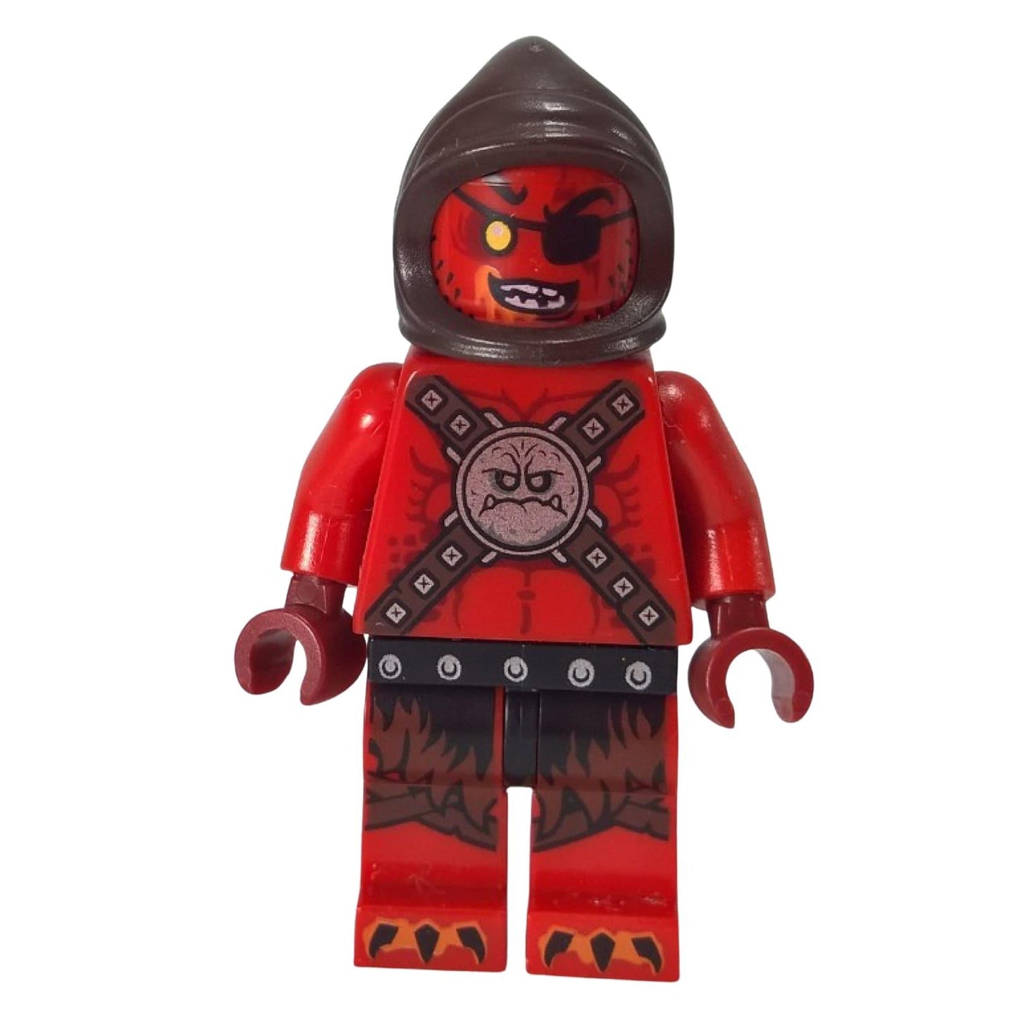 LEGO Nexo Knights Beast Master minifigure nex008 with red skin, eyepatch, and brown hood.