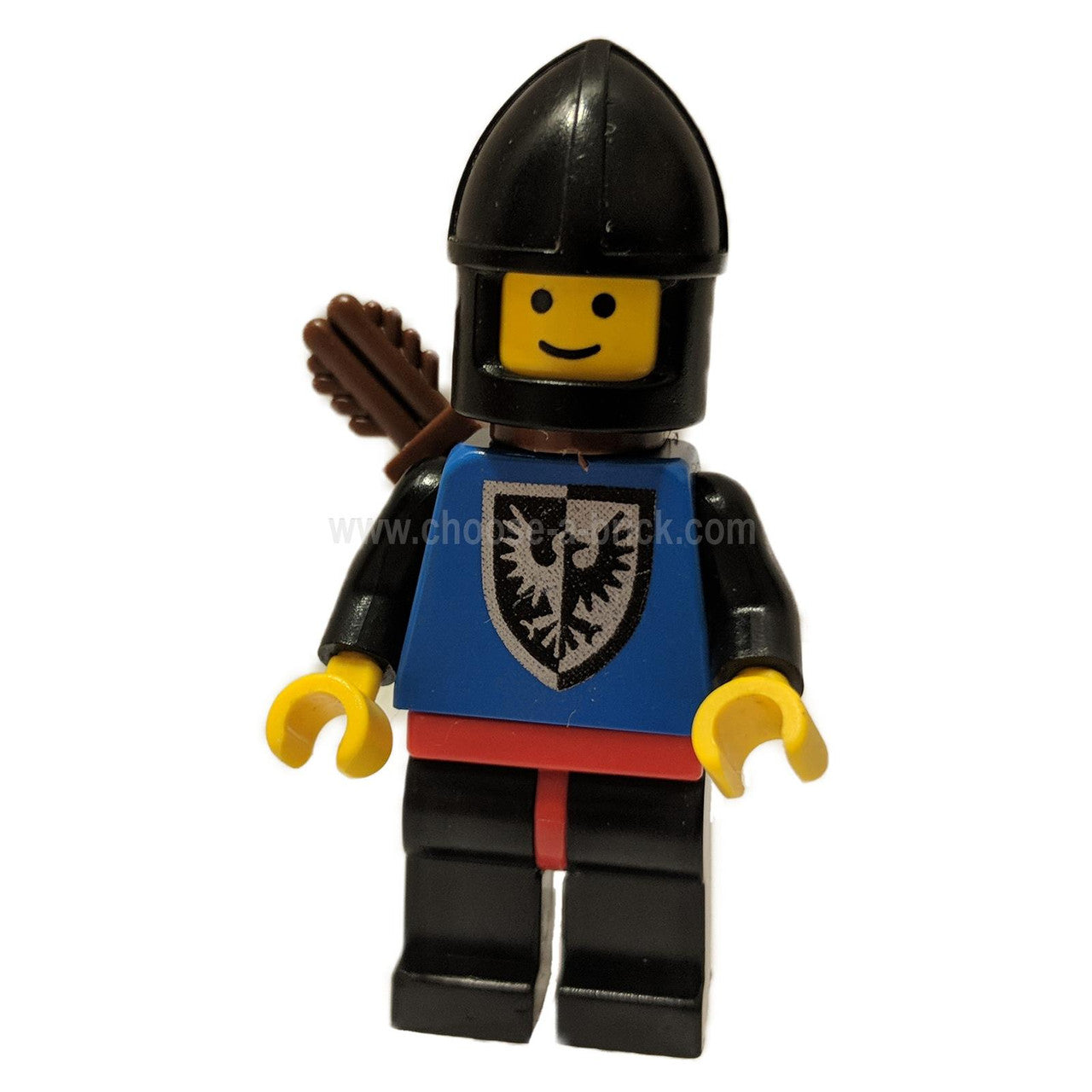LEGO Black Falcon Archer minifigure cas254 – blue torso with heraldic eagle shield print, black conical helmet, red hip band, brown quiver