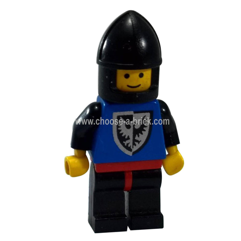 LEGO Black Falcon Knight minifigure cas098 — black torso with falcon crest print, black legs with red hips, black chin-guard
