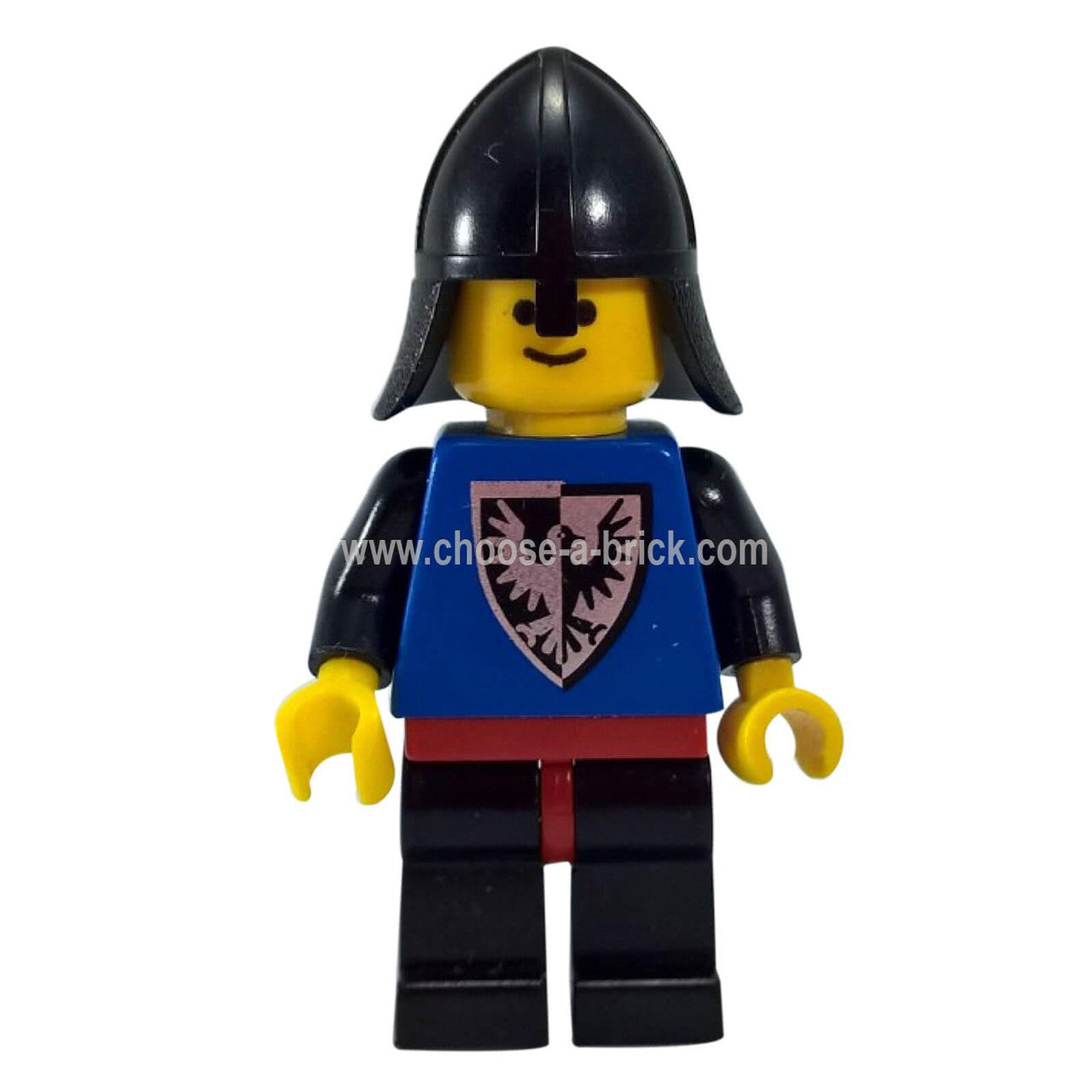 LEGO Black Falcon Knight minifigure cas099 — black neck-protector, black and yellow torso print, black legs with red hips
