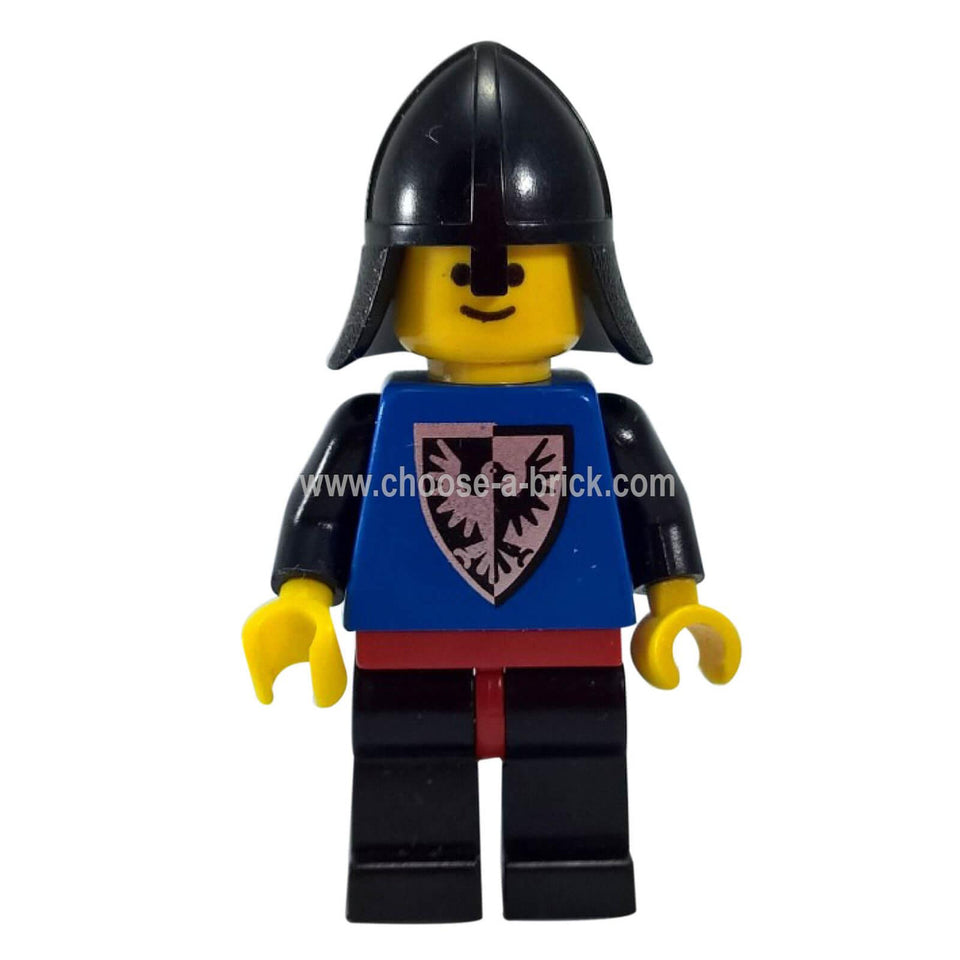 LEGO Black Falcon Knight minifigure cas099 — black neck-protector, black and yellow torso print, black legs with red hips
