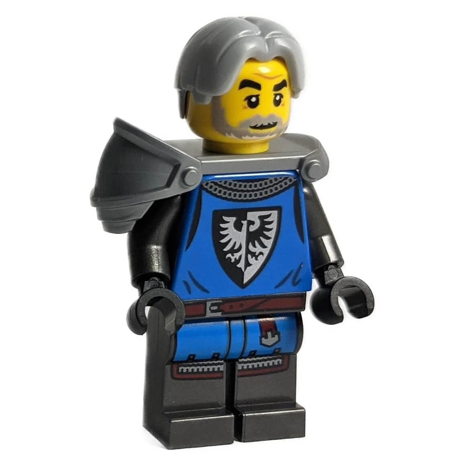 LEGO Black Falcon minifigure idea085 — black and yellow crest torso print, pearl dark gray detailed legs, flat silver shoulder pad
