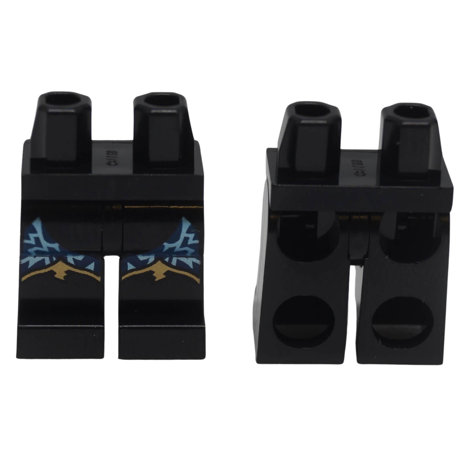 LEGO® black minifigure legs 970c00pb1875 with blue electricity and gold boot-top pattern
