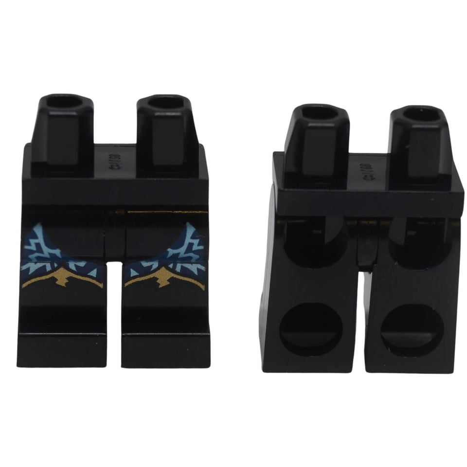 LEGO® black minifigure legs 970c00pb1875 with blue electricity and gold boot-top pattern
