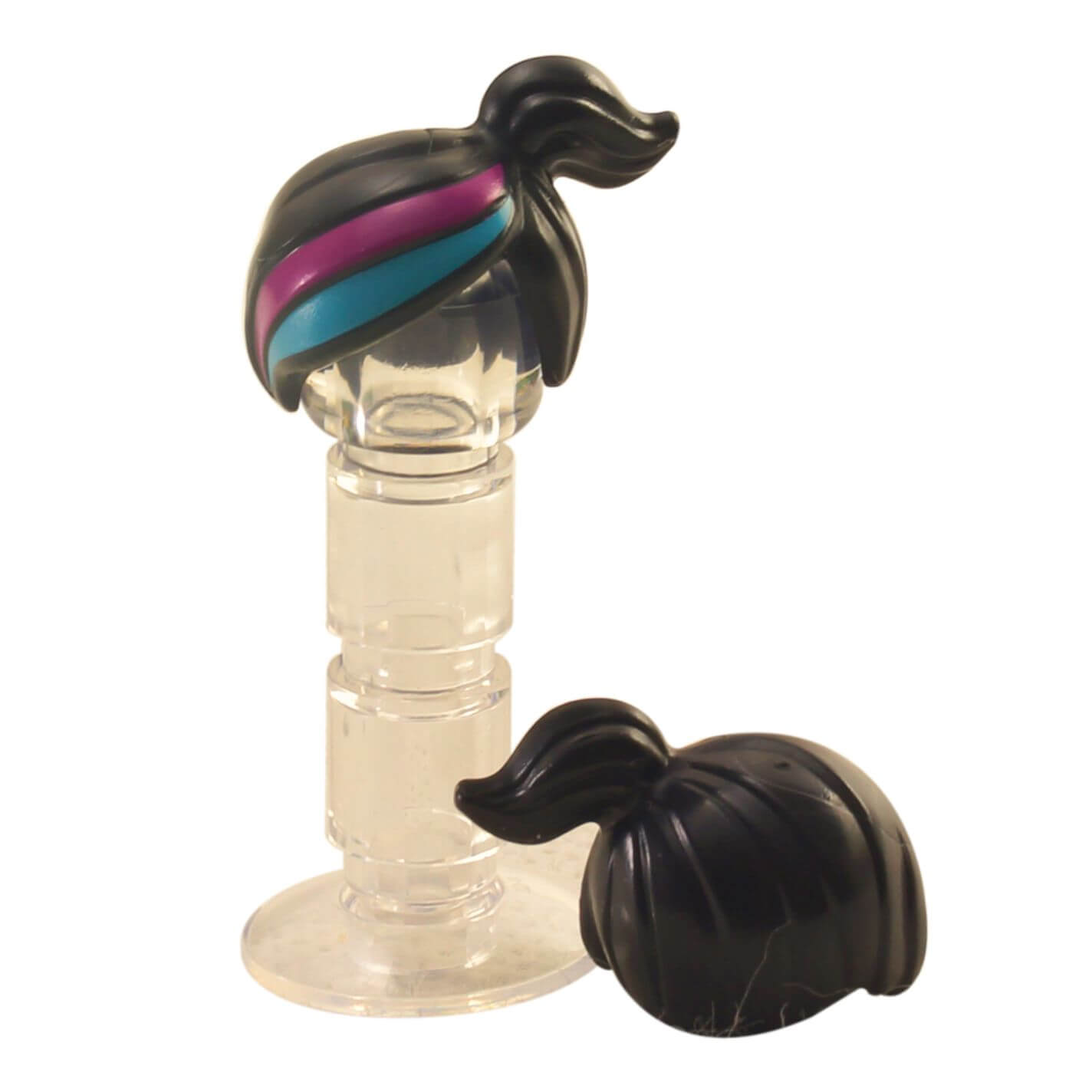 LEGO® Black Minifigure Ponytail Hair with Magenta and Medium Azure Stripes