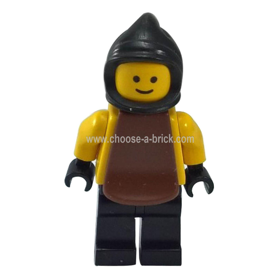 LEGO Blacksmith minifigure cas089 — black cowl, yellow torso and arms, brown plastic cape worn as front apron, black hands and black legs
