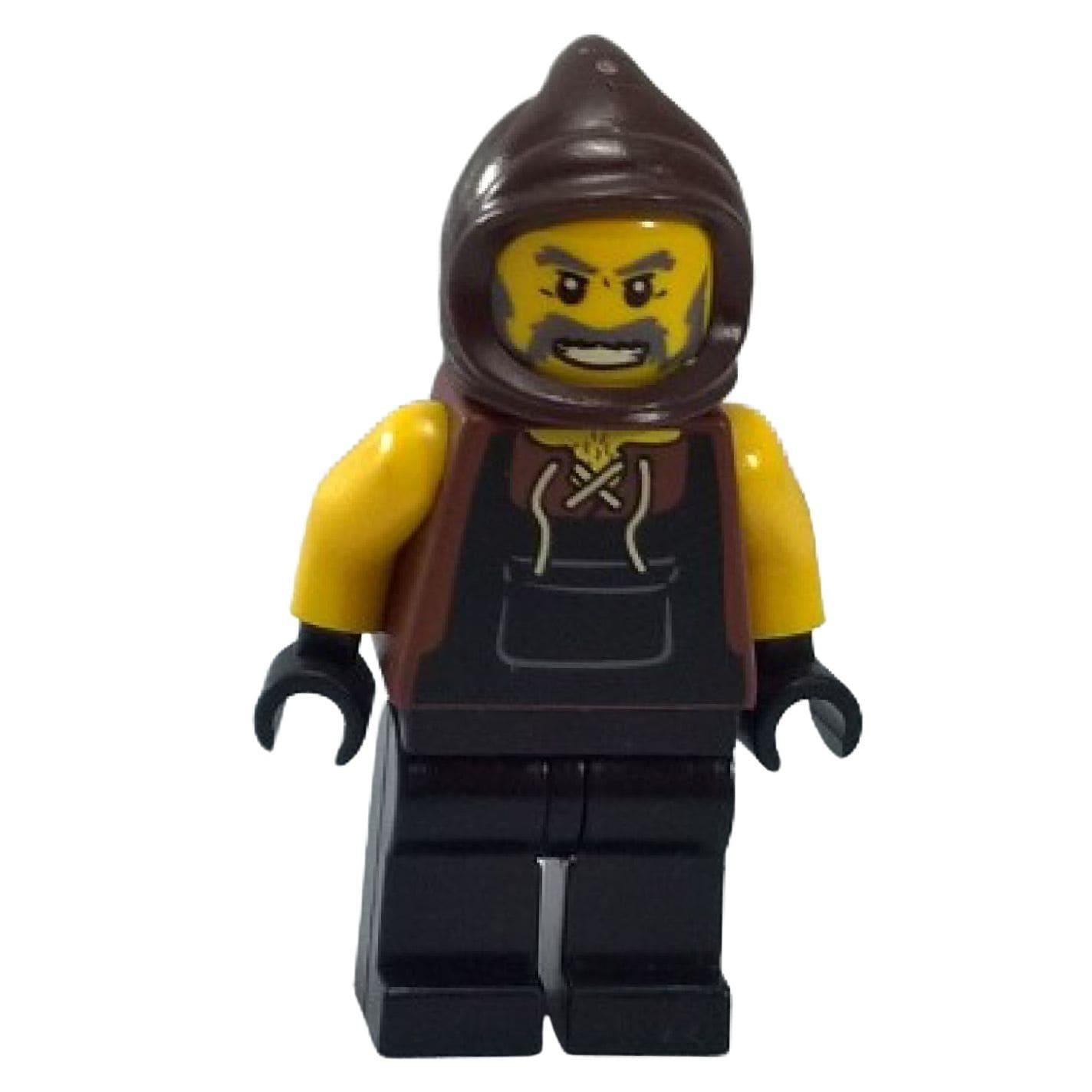LEGO Castle Fantasy Era Blacksmith minifigure cas413 with brown hood and leather apron.