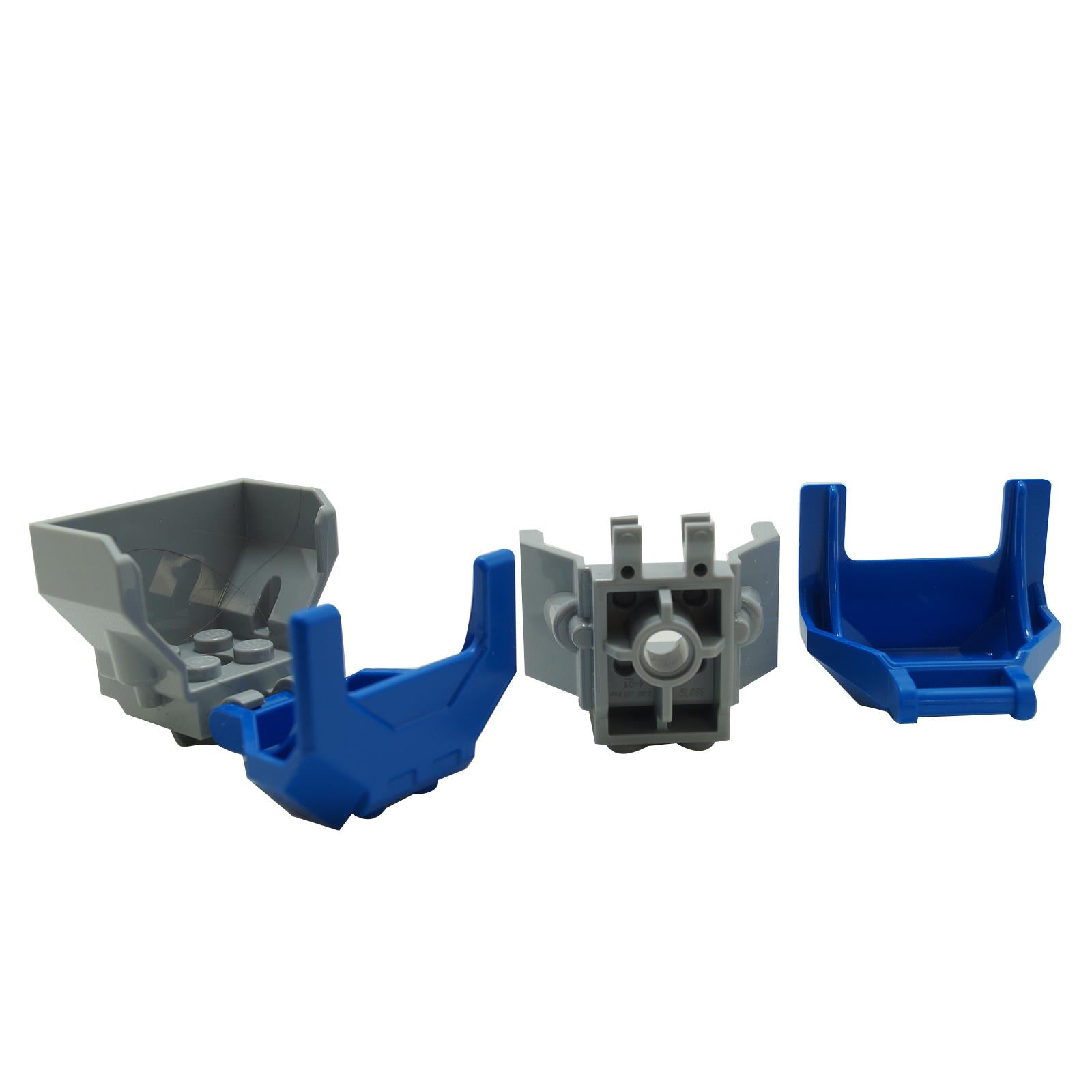 LEGO body parts 98876 and 27167 in blue and grey showing exterior and connection views