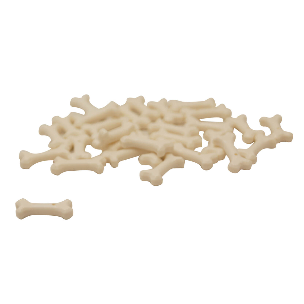 White LEGO® Bone, Short pieces (part 93160) arranged in a group, showing the rounded ends and narrow centre of the bone-shaped element.