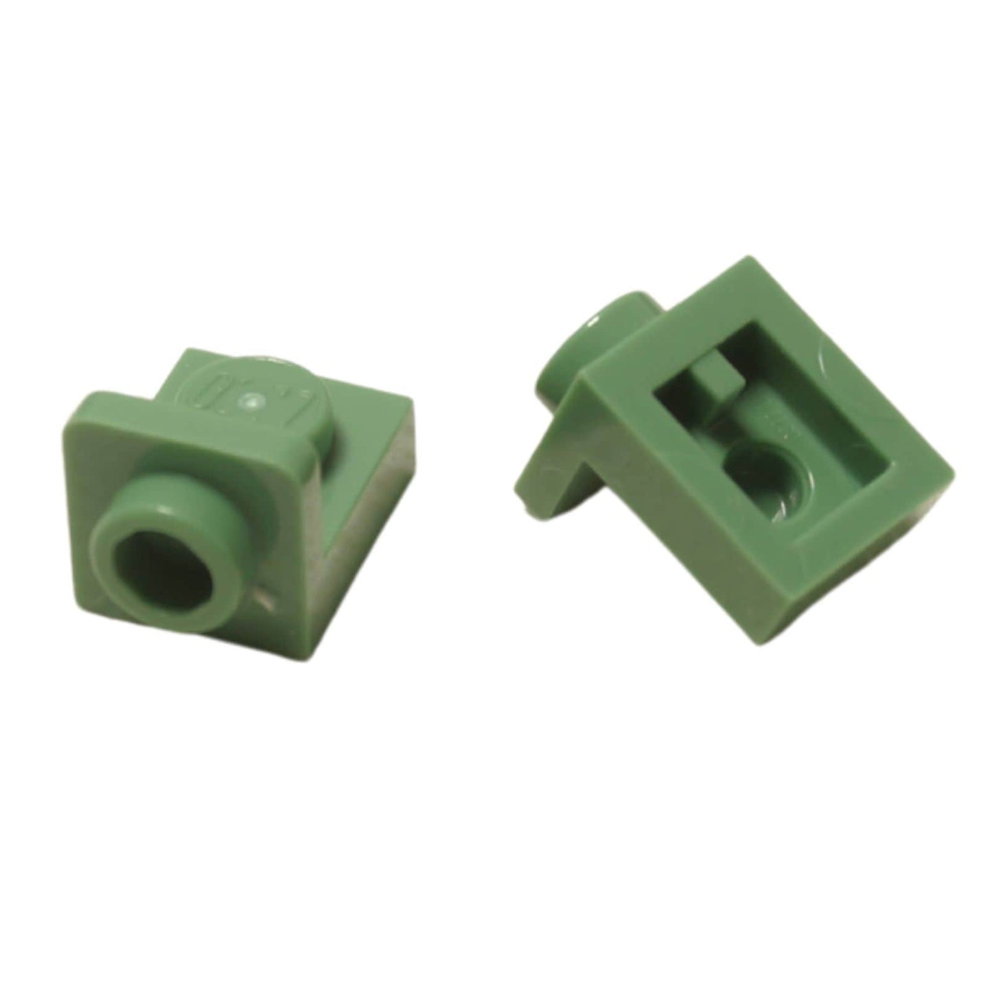 LEGO® Bracket 1 x 1 – 1 x 1 inverted in sand green, compact connector for SNOT building techniques.

